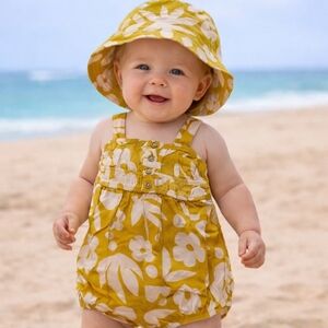 Volcom Baby Beach Linen Romper & Bucket Hat Set 6/9 Months NWT!